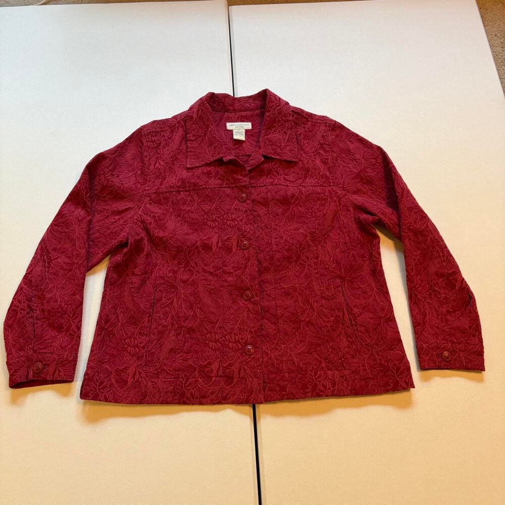 VTG 90s Christopher & Banks Velvet Floral Button Up Jacket Coat Burgundy Sz PL